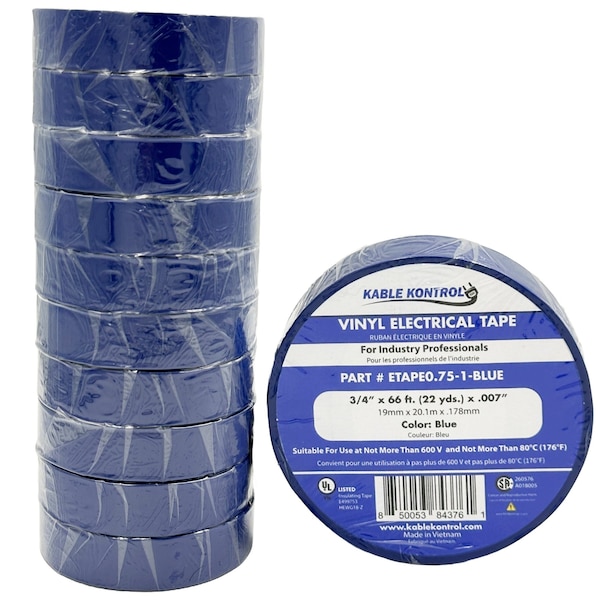 Kable Kontrol PVC Electrical Tape, 3/4'' Wide x 60' Long, Rated For 600V, BLUE ETAPE0.75-1-BLUE - main